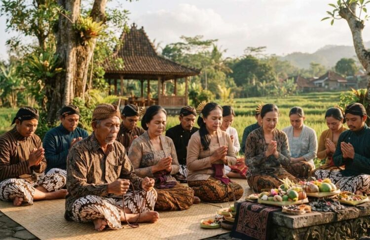 Ilustrasi Hari Kepercayaan Terhadap Tuhan Yang Maha Esa dengan siluet masyarakat adat Indonesia, peta Nusantara, dan simbol dokumen KTP sebagai representasi pengakuan negara terhadap penghayat kepercayaan