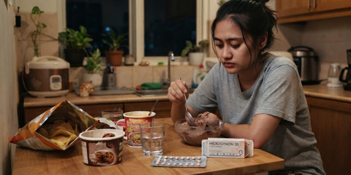 Ilustrasi seorang wanita memegang pil KB hormonal kombinasi yang dalam penelitian terbaru dikaitkan dengan peningkatan gejala makan emosional