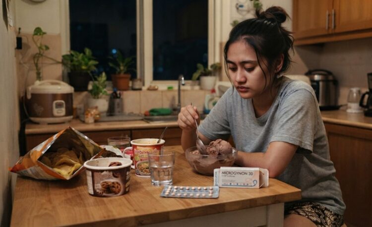 Ilustrasi seorang wanita memegang pil KB hormonal kombinasi yang dalam penelitian terbaru dikaitkan dengan peningkatan gejala makan emosional