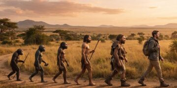 Ilustrasi evolusi manusia menunjukkan perubahan ukuran tubuh dari Australopithecus hingga Homo erectus berdasarkan penelitian terbaru