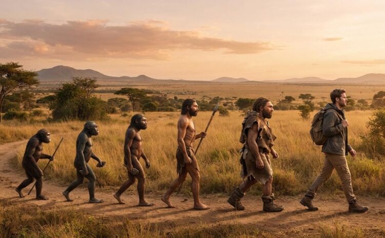 Ilustrasi evolusi manusia menunjukkan perubahan ukuran tubuh dari Australopithecus hingga Homo erectus berdasarkan penelitian terbaru