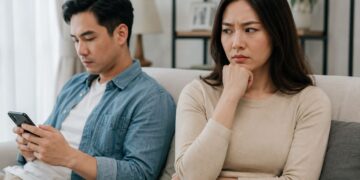 Seorang istri memperhatikan perubahan sikap suaminya sebagai ilustrasi feeling istri menurut psikologi