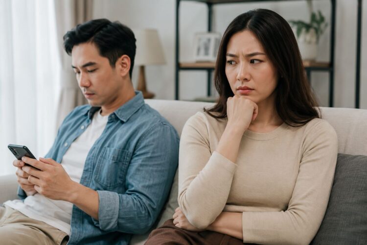 Seorang istri memperhatikan perubahan sikap suaminya sebagai ilustrasi feeling istri menurut psikologi