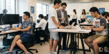 Pekerja kantoran Jepang di tengah cuaca panas ekstrem saat suhu udara menembus 40 derajat Celcius di Tokyo