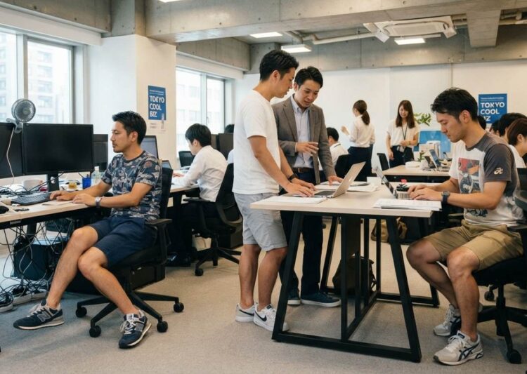 Pekerja kantoran Jepang di tengah cuaca panas ekstrem saat suhu udara menembus 40 derajat Celcius di Tokyo