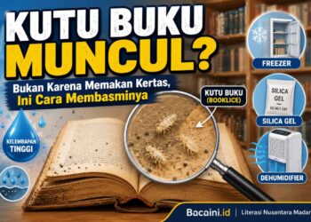 Kutu buku atau booklice berwarna putih kecil berada di sela halaman buku akibat kelembapan tinggi