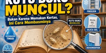 Kutu buku atau booklice berwarna putih kecil berada di sela halaman buku akibat kelembapan tinggi