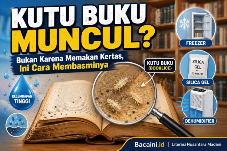 Kutu buku atau booklice berwarna putih kecil berada di sela halaman buku akibat kelembapan tinggi