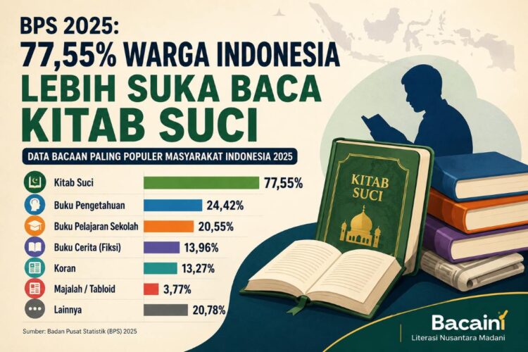 Infografik data BPS 2025 tentang jenis bacaan paling populer masyarakat Indonesia yang menunjukkan kitab suci berada di posisi pertama