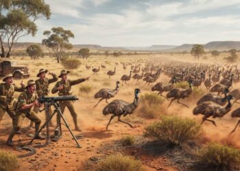 Militer Australia dalam Perang Emu 1932 menembaki kawanan burung Emu di Australia Barat menggunakan senapan mesin Lewis