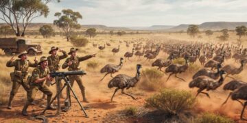 Militer Australia dalam Perang Emu 1932 menembaki kawanan burung Emu di Australia Barat menggunakan senapan mesin Lewis