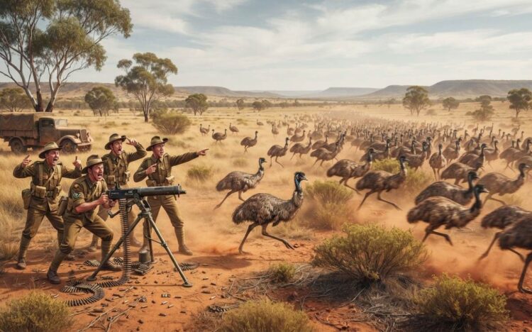 Militer Australia dalam Perang Emu 1932 menembaki kawanan burung Emu di Australia Barat menggunakan senapan mesin Lewis