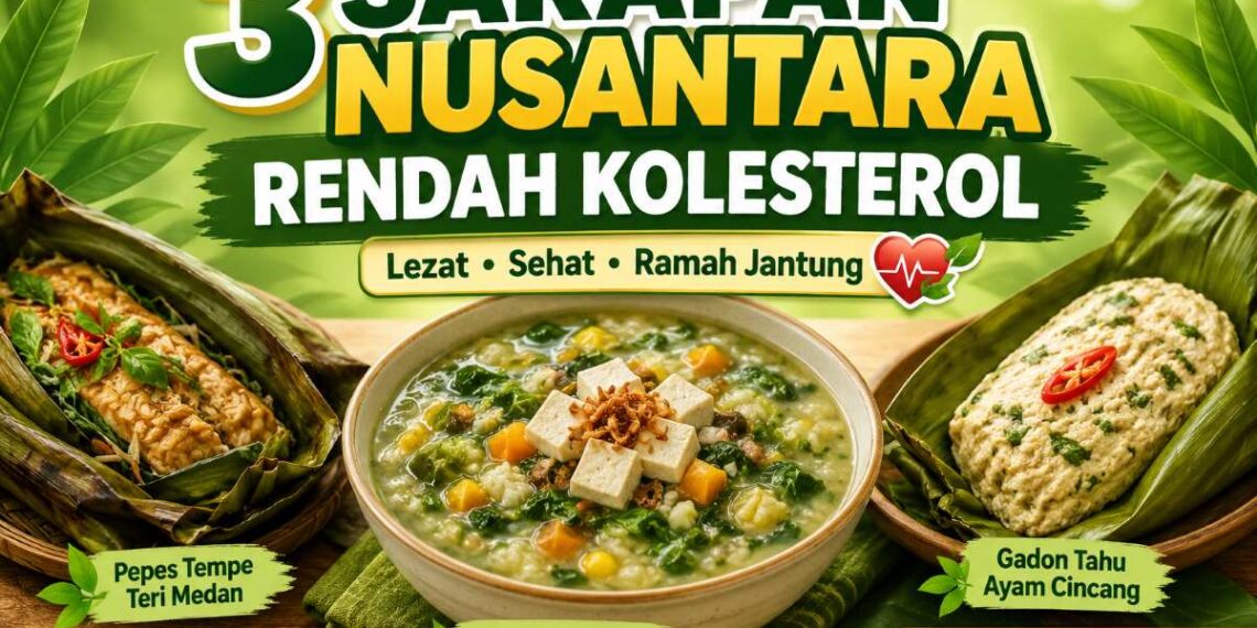 Semangkuk Bubur Manado, pepes tempe, dan gadon tahu ayam sebagai menu sarapan rendah kolesterol khas Indonesia