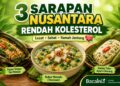 Semangkuk Bubur Manado, pepes tempe, dan gadon tahu ayam sebagai menu sarapan rendah kolesterol khas Indonesia
