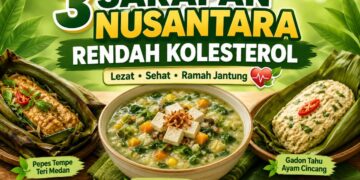 Semangkuk Bubur Manado, pepes tempe, dan gadon tahu ayam sebagai menu sarapan rendah kolesterol khas Indonesia