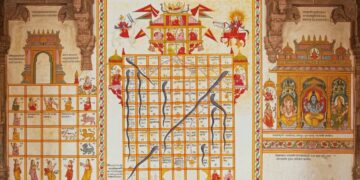 Ilustrasi papan permainan ular tangga kuno Moksha Patam dari India yang mengajarkan konsep karma, reinkarnasi, dan moksha sebelum menjadi permainan modern