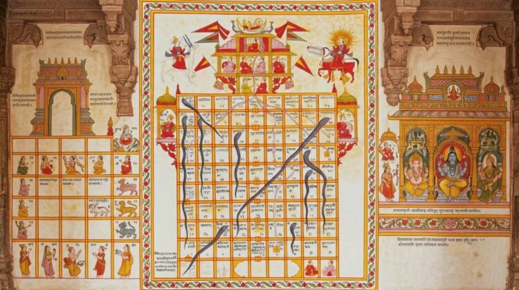 Ilustrasi papan permainan ular tangga kuno Moksha Patam dari India yang mengajarkan konsep karma, reinkarnasi, dan moksha sebelum menjadi permainan modern