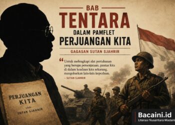 Siluet Sutan Sjahrir dengan ilustrasi tentara Indonesia sebagai visual Bab Tentara dalam pamflet Perjuangan Kita