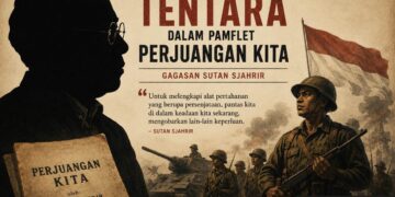 Siluet Sutan Sjahrir dengan ilustrasi tentara Indonesia sebagai visual Bab Tentara dalam pamflet Perjuangan Kita
