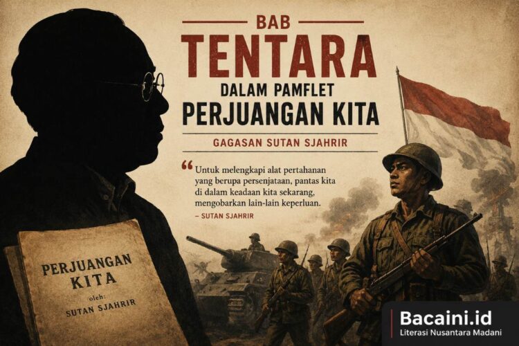 Siluet Sutan Sjahrir dengan ilustrasi tentara Indonesia sebagai visual Bab Tentara dalam pamflet Perjuangan Kita
