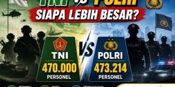 Ilustrasi personel TNI dan Polri dengan data jumlah anggota serta perwira di Indonesia tahun 2026