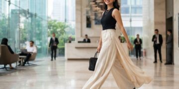 Seorang perempuan mengenakan high heels, celana wide-leg, dan kuku akrilik sebagai ilustrasi tren fashion yang berisiko bagi kesehatan