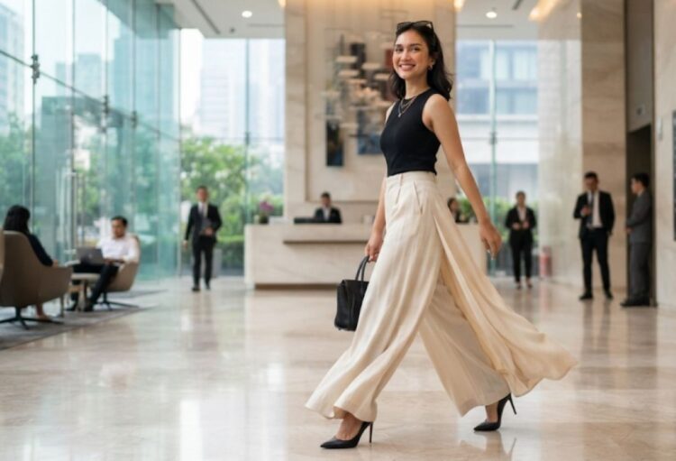 Seorang perempuan mengenakan high heels, celana wide-leg, dan kuku akrilik sebagai ilustrasi tren fashion yang berisiko bagi kesehatan