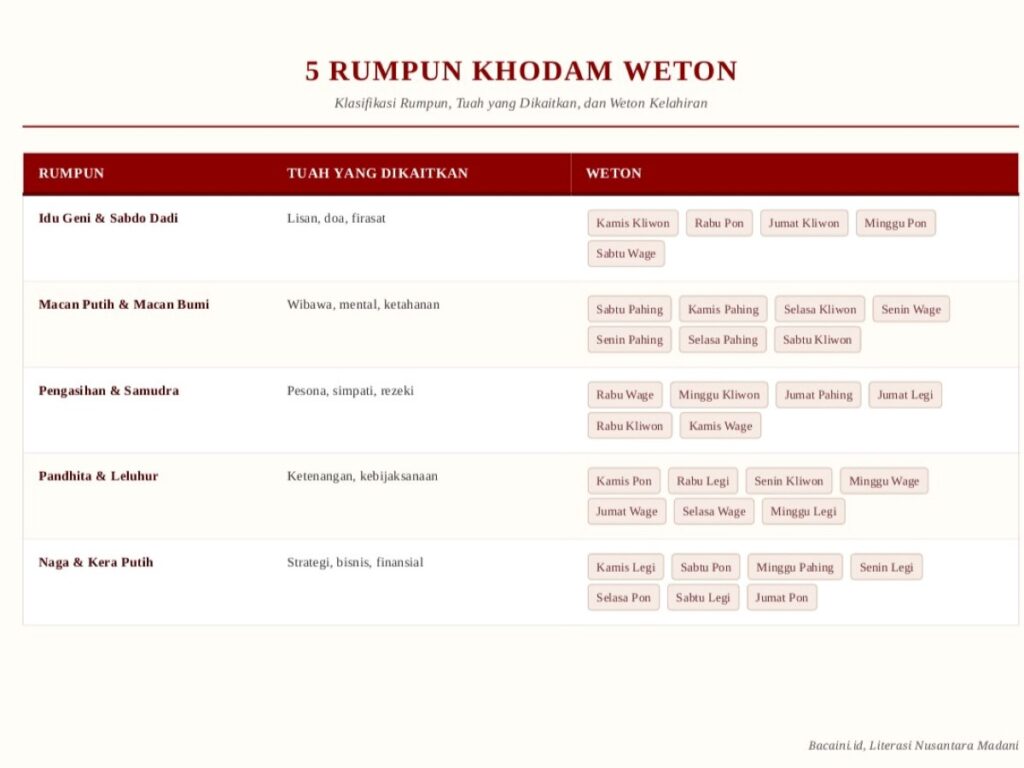 Tabel weton khodam primbon Jawa (ilustrasi/Bacaini.id)