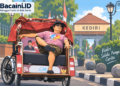 Ilustrasi Edy Herwianto di atas becak. Foto: bacaini/AI