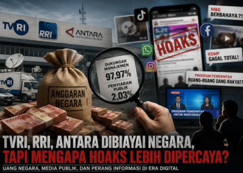 Ilustrasi media plat merah di tengah gempuran hoax. Foto: bacaini/AI