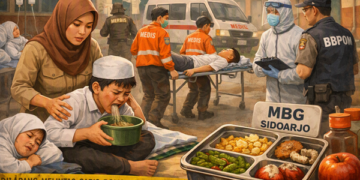 Ilustrasi keracunan MBG di Sidoarjo. Foto: bacaini by AI
