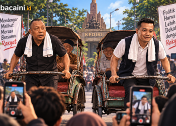 Ilustrasi Edy Herwianto dan Reza Darmawan menarik becak. Foto: Bacaini/AI