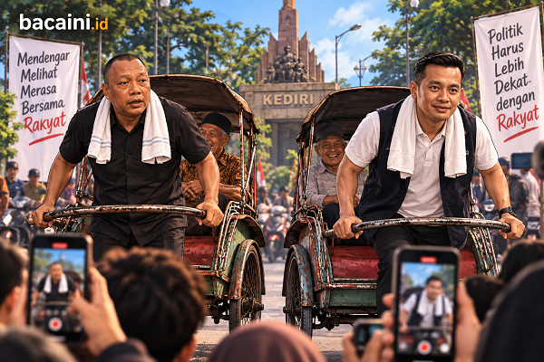 Ilustrasi Edy Herwianto dan Reza Darmawan menarik becak. Foto: Bacaini/AI