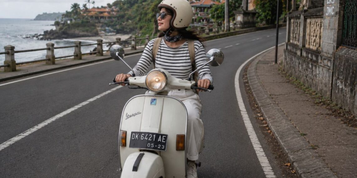 Perempuan melakukan solo riding menggunakan Vespa
