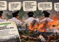 Ilustrasi kontroversi karhutla gambut di Kalimantan. Foto: Bacaini/AI
