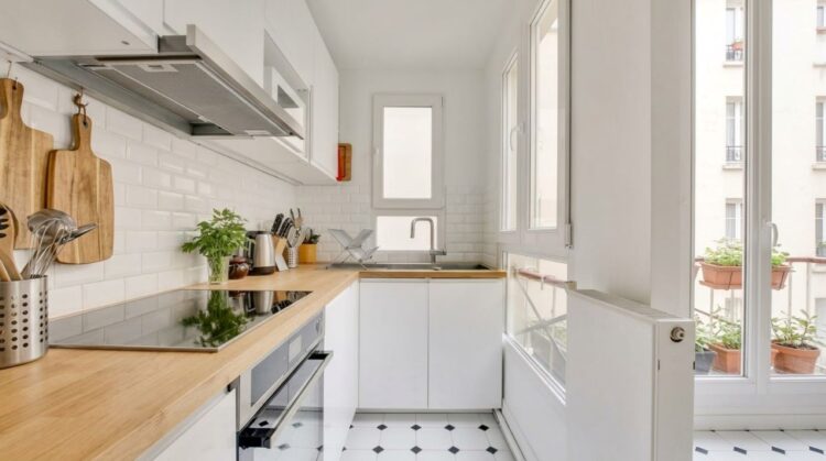 Dapur minimalis berukuran kecil dengan kabinet terang dan penyimpanan tertata agar terlihat lebih lega