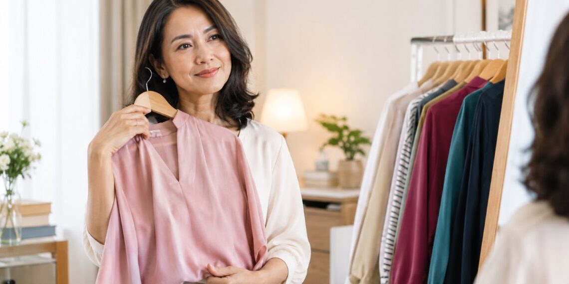 Perempuan usia 40 tahun mengenakan baju berwarna dusty rose untuk penampilan yang segar