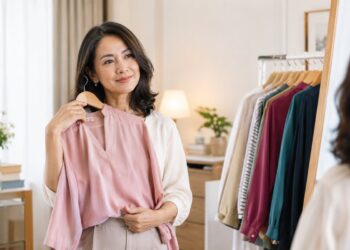 Perempuan usia 40 tahun mengenakan baju berwarna dusty rose untuk penampilan yang segar