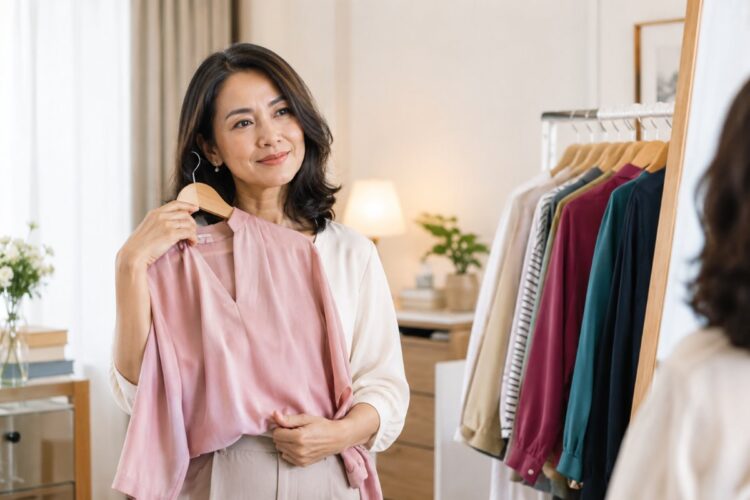 Perempuan usia 40 tahun mengenakan baju berwarna dusty rose untuk penampilan yang segar