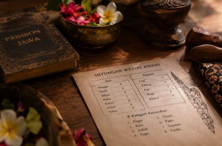 Ilustrasi pasangan pengantin Jawa dan tradisi perhitungan weton jodoh
